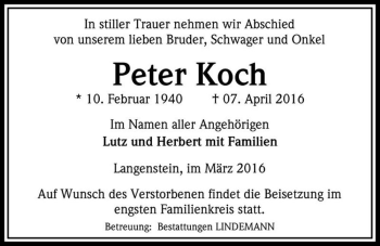 Traueranzeige von Peter Koch  von Magdeburger Volksstimme