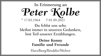 Traueranzeige von Peter Kolbe  von Magdeburger Volksstimme