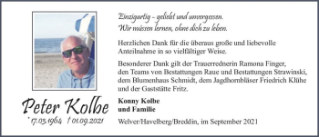 Traueranzeige von Peter Kolbe  von Magdeburger Volksstimme