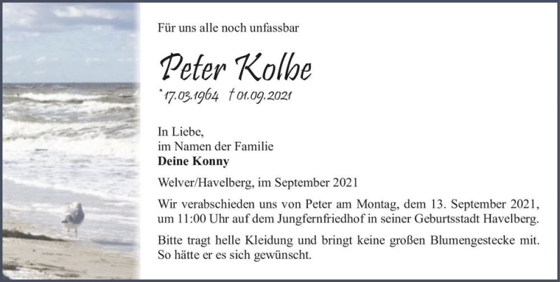  Traueranzeige für Peter Kolbe  vom 11.09.2021 aus Magdeburger Volksstimme