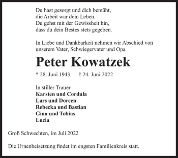 Traueranzeige von Peter Kowatzek  von Magdeburger Volksstimme