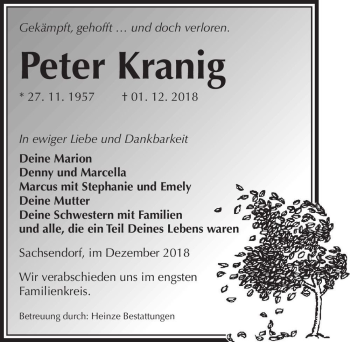 Traueranzeige von Peter Kranig  von Magdeburger Volksstimme