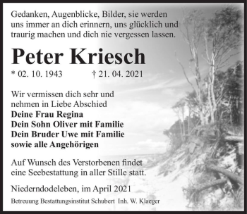 Traueranzeige von Peter Kriesch  von Magdeburger Volksstimme