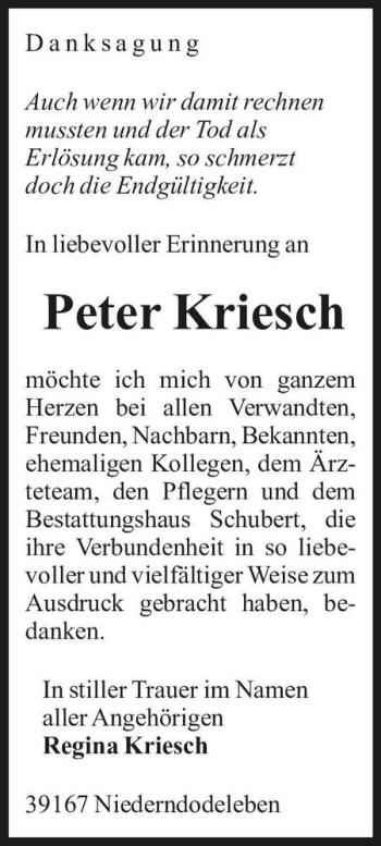 Traueranzeige von Peter Kriesch  von Magdeburger Volksstimme
