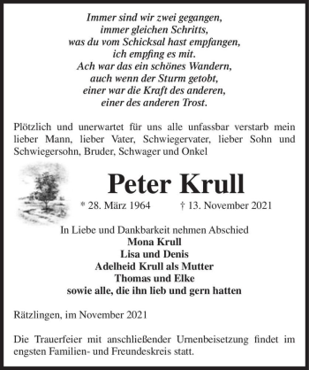 Traueranzeige von Peter Krull  von Magdeburger Volksstimme