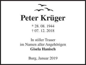 Traueranzeige von Peter Krüger  von Magdeburger Volksstimme
