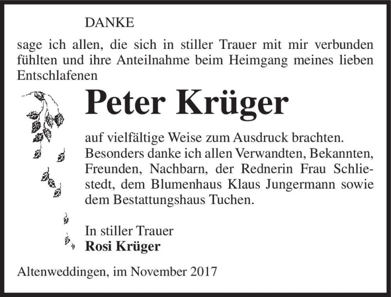  Traueranzeige für Peter Krüger  vom 25.11.2017 aus Magdeburger Volksstimme