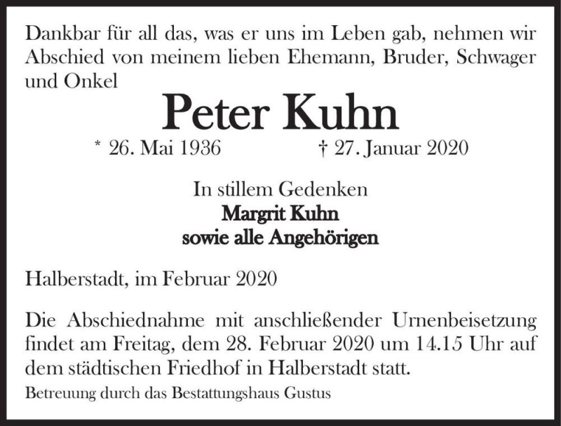  Traueranzeige für Peter Kuhn  vom 22.02.2020 aus Magdeburger Volksstimme