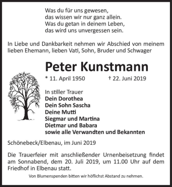 Traueranzeige von Peter Kunstmann  von Magdeburger Volksstimme