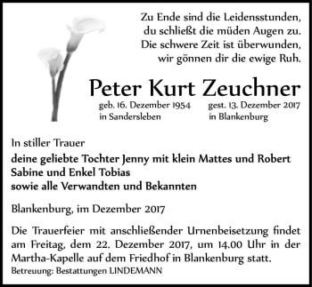 Traueranzeige von Peter Kurt Zeuchner  von Magdeburger Volksstimme