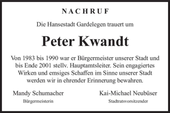 Traueranzeige von Peter Kwandt  von Magdeburger Volksstimme