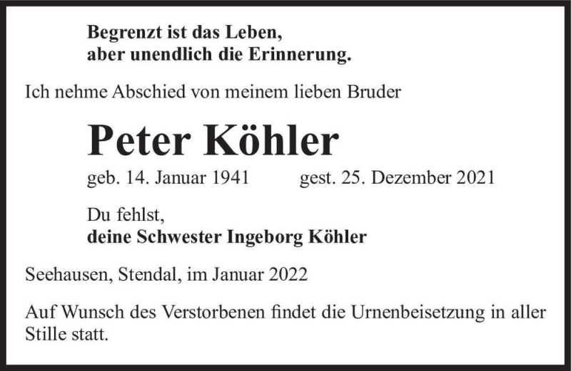 Traueranzeige für Peter Köhler  vom 08.01.2022 aus Magdeburger Volksstimme