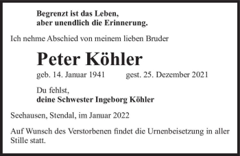 Traueranzeige von Peter Köhler  von Magdeburger Volksstimme