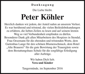 Traueranzeige von Peter Köhler  von Magdeburger Volksstimme