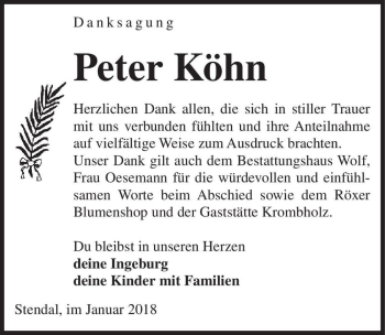 Traueranzeige von Peter Köhn  von Magdeburger Volksstimme