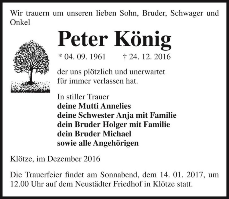  Traueranzeige für Peter König  vom 28.12.2016 aus Magdeburger Volksstimme