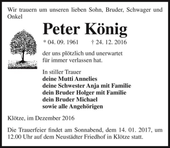 Traueranzeige von Peter König  von Magdeburger Volksstimme