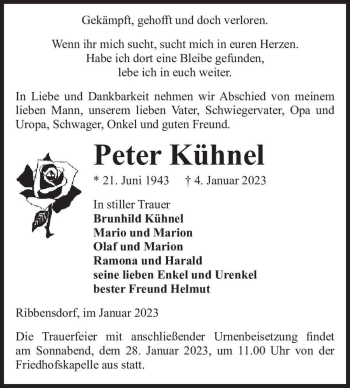 Traueranzeige von Peter Kühnel  von Magdeburger Volksstimme