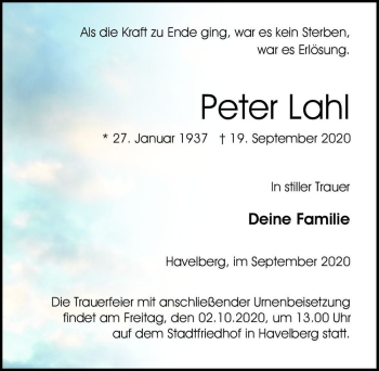 Traueranzeige von Peter Lahl  von Magdeburger Volksstimme