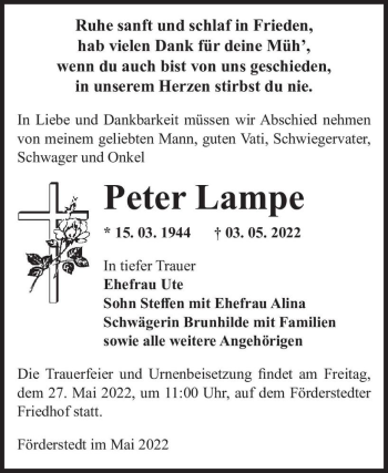 Traueranzeige von Peter Lampe  von Magdeburger Volksstimme