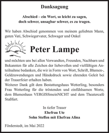 Traueranzeige von Peter Lampe  von Magdeburger Volksstimme