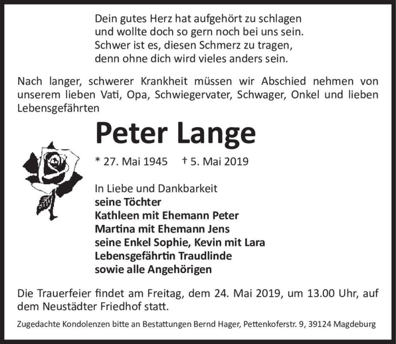  Traueranzeige für Peter Lange  vom 11.05.2019 aus Magdeburger Volksstimme