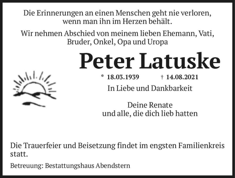  Traueranzeige für Peter Latuske  vom 21.08.2021 aus Magdeburger Volksstimme