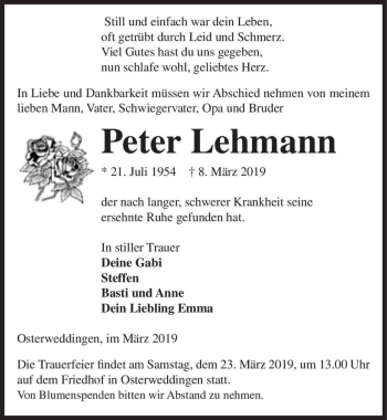 Traueranzeige von Peter Lehmann  von Magdeburger Volksstimme