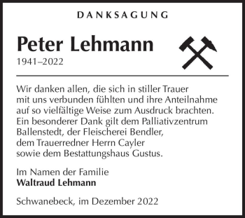 Traueranzeige von Peter Lehmann  von Magdeburger Volksstimme