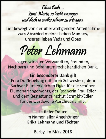 Traueranzeige von Peter Lehmann  von Magdeburger Volksstimme