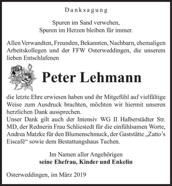 Traueranzeige von Peter Lehmann  von Magdeburger Volksstimme