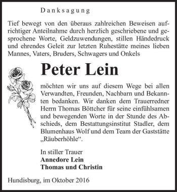 Traueranzeige von Peter Lein  von Magdeburger Volksstimme