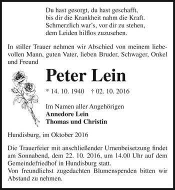 Traueranzeige von Peter Lein  von Magdeburger Volksstimme