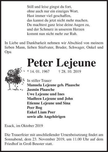Traueranzeige von Peter Lejeune  von Magdeburger Volksstimme