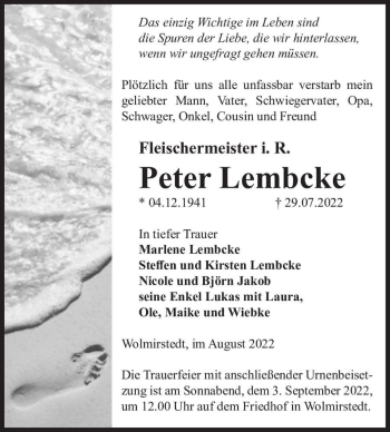 Traueranzeige von Peter Lembcke  von Magdeburger Volksstimme