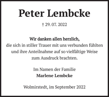 Traueranzeige von Peter Lembcke  von Magdeburger Volksstimme