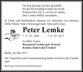 Traueranzeige von Peter Lemke  von Magdeburger Volksstimme