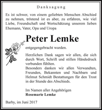 Traueranzeige von Peter Lemke  von Magdeburger Volksstimme