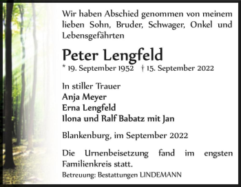 Traueranzeige von Peter Lengfeld  von Magdeburger Volksstimme