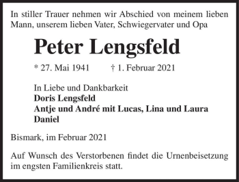 Traueranzeige von Peter Lengsfeld  von Magdeburger Volksstimme