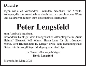 Traueranzeige von Peter Lengsfeld  von Magdeburger Volksstimme