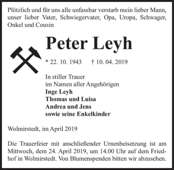 Traueranzeige von Peter Leyh  von Magdeburger Volksstimme