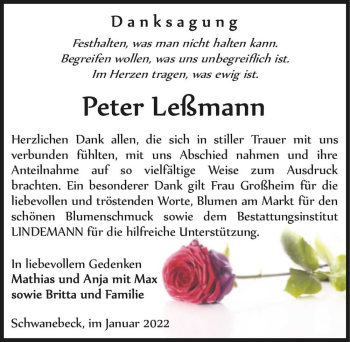 Traueranzeige von Peter Leßmann  von Magdeburger Volksstimme