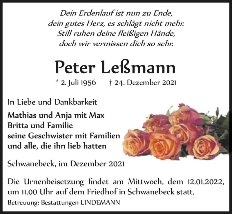  Traueranzeige für Peter Leßmann  vom 31.12.2021 aus Magdeburger Volksstimme