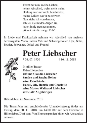 Traueranzeige von Peter Liebscher  von Magdeburger Volksstimme