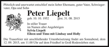 Traueranzeige von Peter Liepelt  von Magdeburger Volksstimme