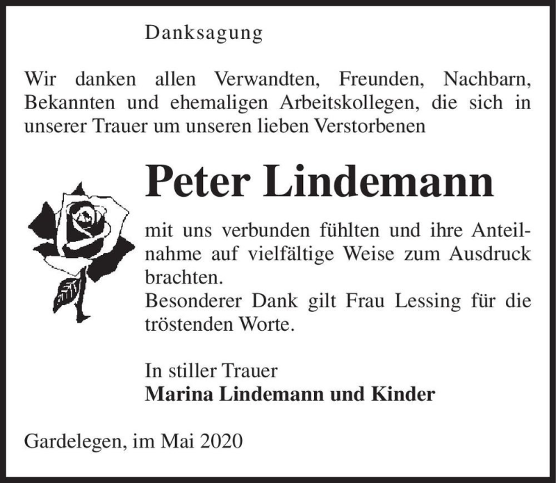  Traueranzeige für Peter Lindemann  vom 30.05.2020 aus Magdeburger Volksstimme