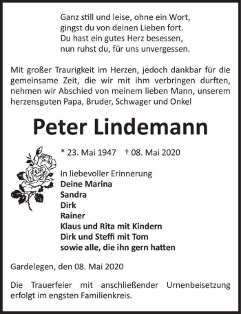 Traueranzeige von Peter Lindemann  von Magdeburger Volksstimme