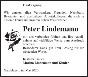 Traueranzeige von Peter Lindemann  von Magdeburger Volksstimme