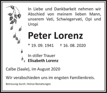Traueranzeige von Peter Lorenz  von Magdeburger Volksstimme